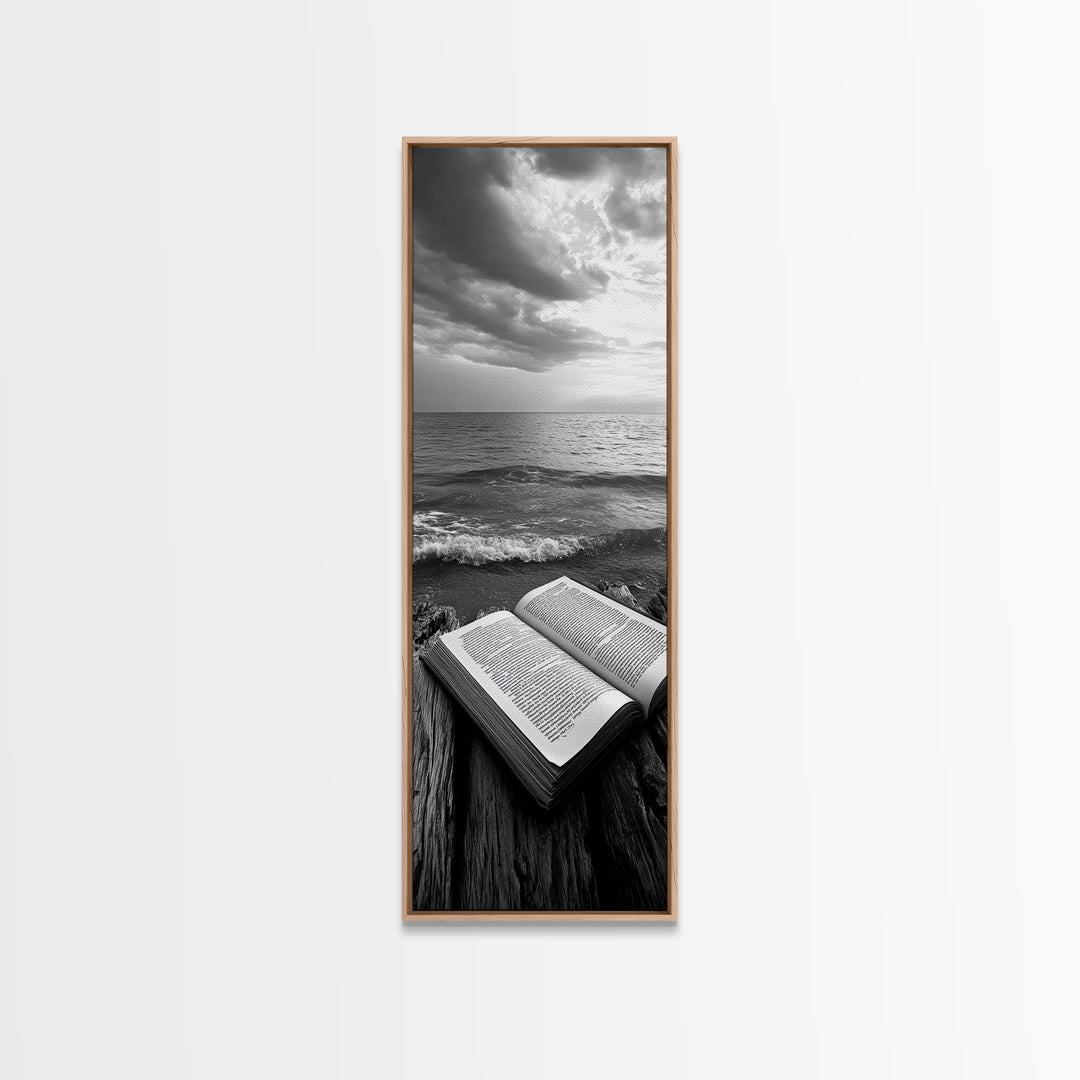 Seaside Book, Ocean Reading, Stormy Sky, Canvas Print, Cozy Beach House Art, Library Decor, Literary Wall Art, Moody Coastal Style