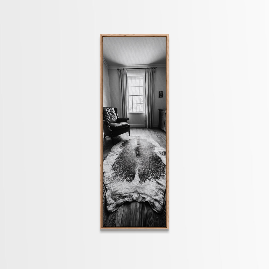 Leather Chair, Cozy Window, Cowhide Rug, Framed Canvas Print, Farmhouse Living Room Decor, Rustic Minimalist Art, Monochrome Interior