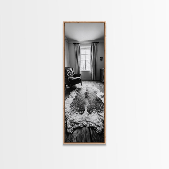 Leather Chair, Cozy Window, Cowhide Rug, Framed Canvas Print, Farmhouse Living Room Decor, Rustic Minimalist Art, Monochrome Interior