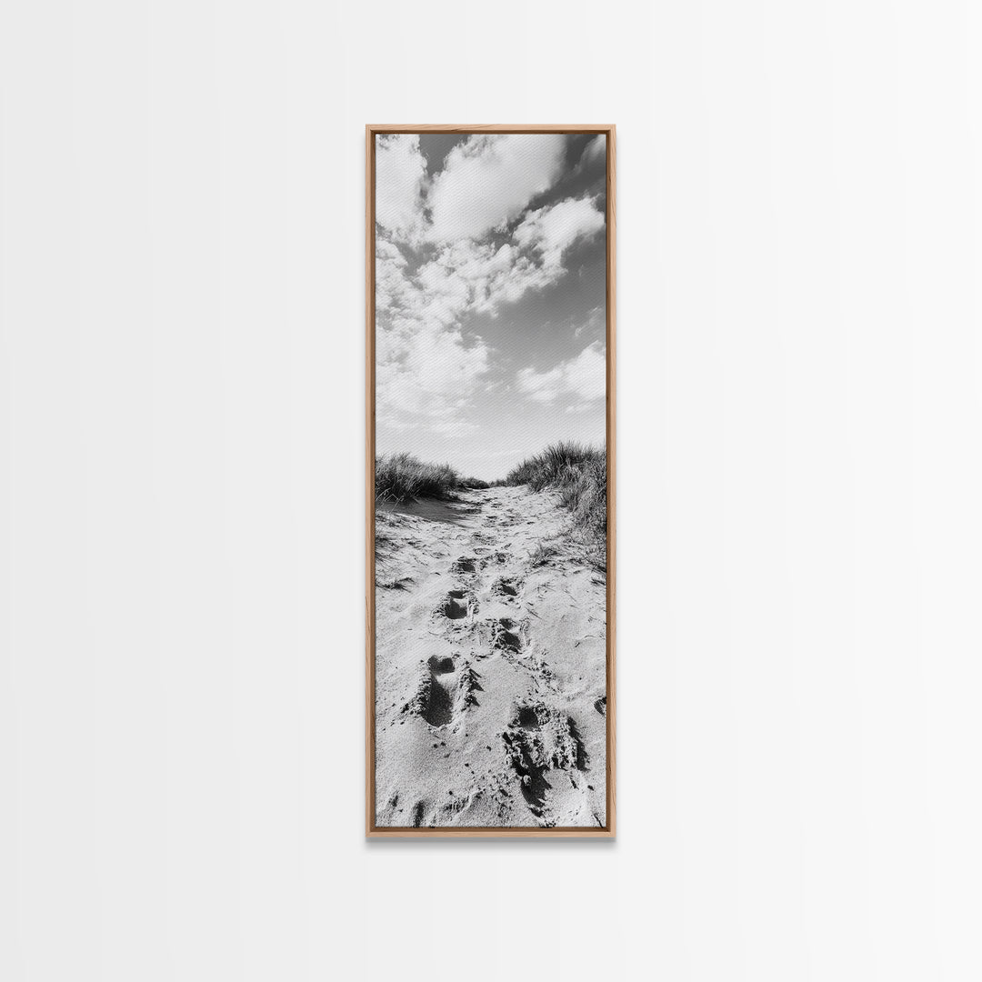 Sandy Trail, Dune Path, Footprints Grass, Canvas Print, Fall Coastal Decor, Boho Entryway Art, Black and White Beach Landscape