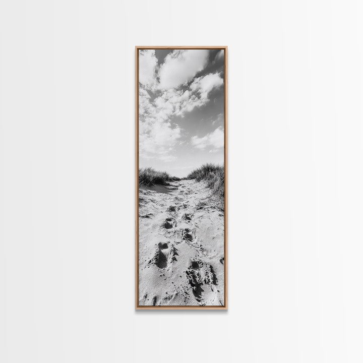 Sandy Trail, Dune Path, Footprints Grass, Canvas Print, Fall Coastal Decor, Boho Entryway Art, Black and White Beach Landscape