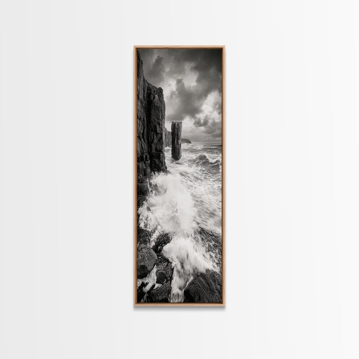 Crashing Surf, Tall Sea Stack, Rugged Coast, Framed Canvas Print, Moody Ocean Wall Art, Bathroom Decor, Black and White Seascape