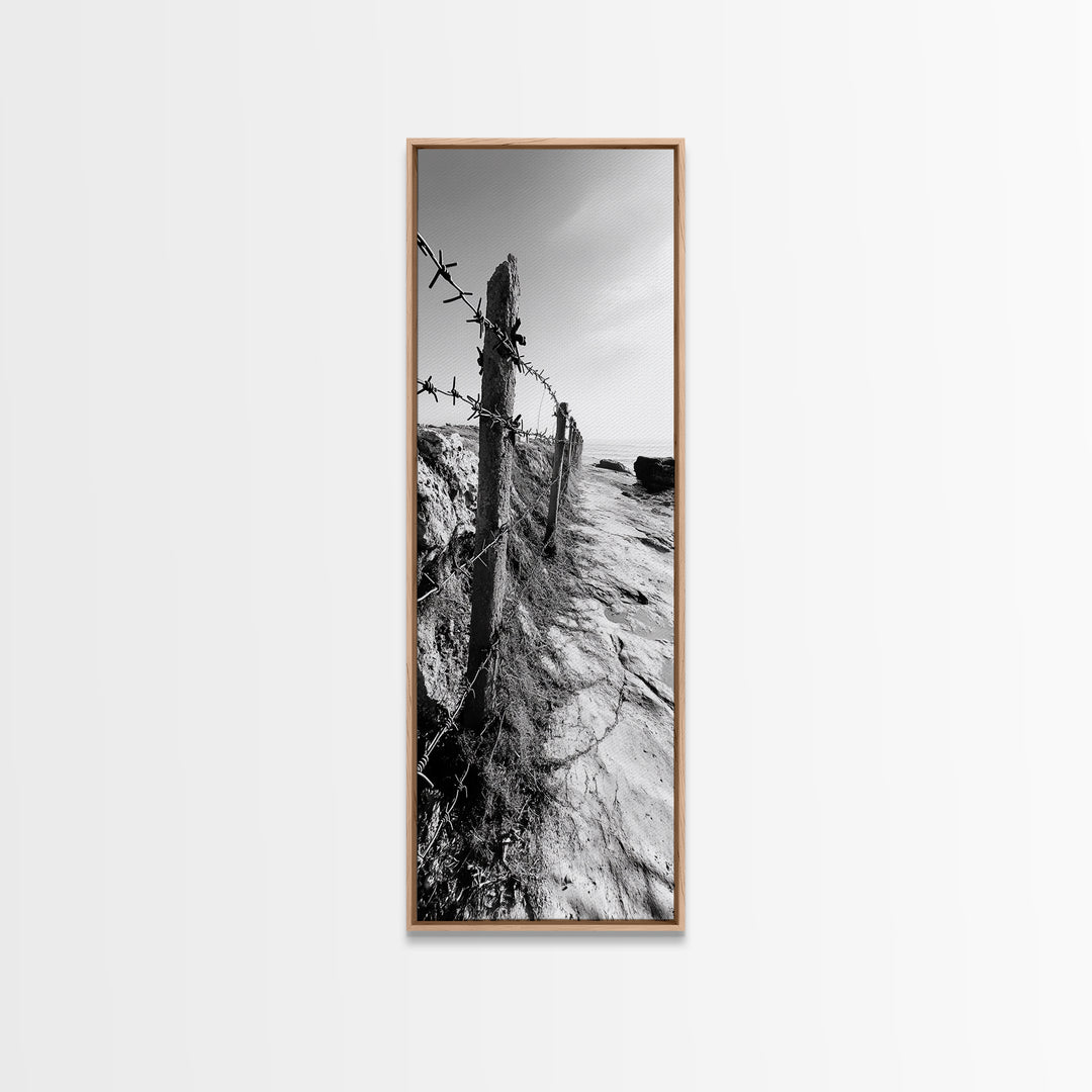 Rocky Shoreline, Barbed Wire, Coastal Minimalism, Rugged Texture, Natural Barrier, Framed Canvas Print, Hallway Wall Art, Industrial Rustic Style