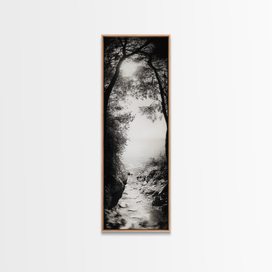 Ocean Pathway, Forest Light, Peaceful Coast, Dreamy Trail, Nature Escape, Framed Canvas Print, Entryway Wall Art, Moody Landscape