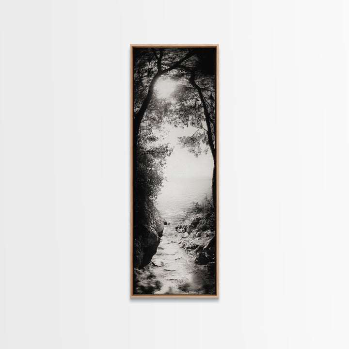 Ocean Pathway, Forest Light, Peaceful Coast, Dreamy Trail, Nature Escape, Framed Canvas Print, Entryway Wall Art, Moody Landscape