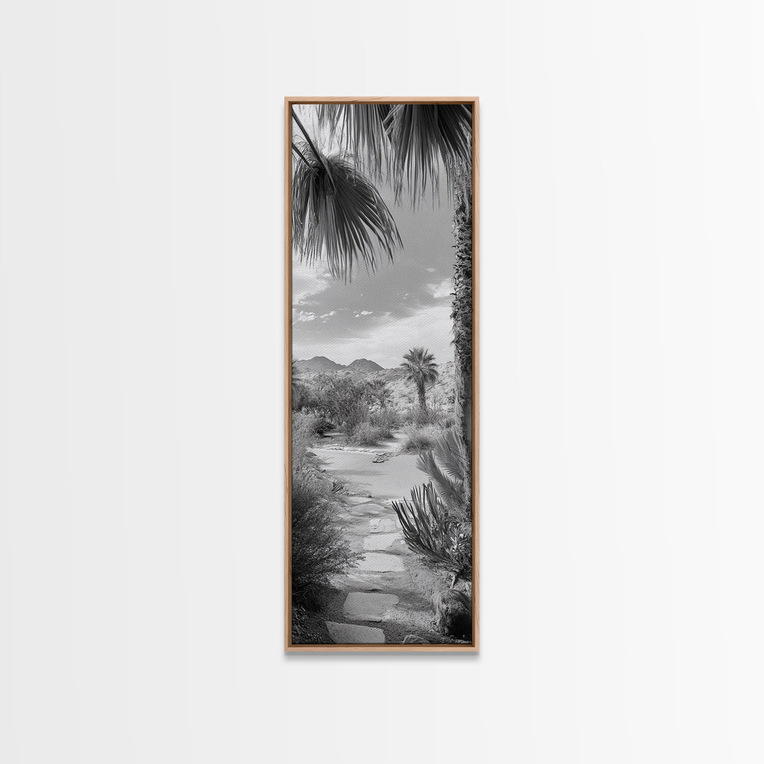 Desert Path, Palm Trees, Serene Escape, Tranquil Garden, Monochrome Landscape, Framed Canvas Print, Entryway Wall Art, Nature Minimal