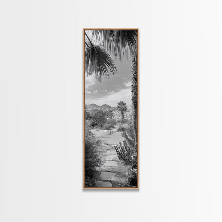 Desert Path, Palm Trees, Serene Escape, Tranquil Garden, Monochrome Landscape, Framed Canvas Print, Entryway Wall Art, Nature Minimal