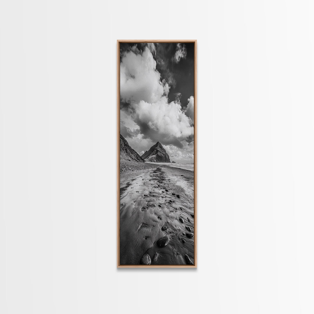 Mountain Beach Path, Cloudy Sky Landscape, Black and White Nature Scene, Framed Canvas Print, Entryway Fall Coastal Wall Decor