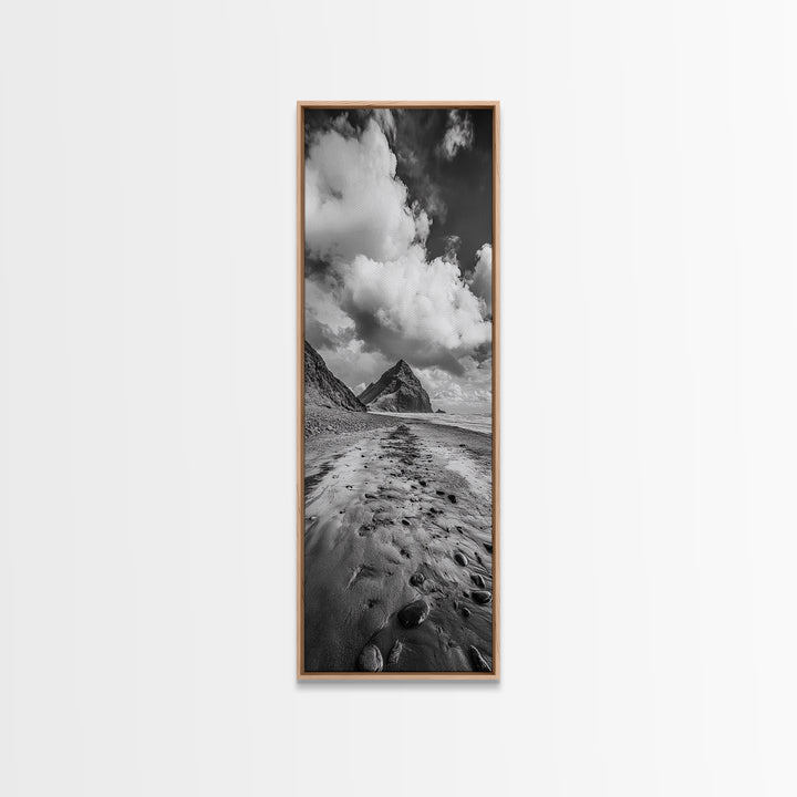 Mountain Beach Path, Cloudy Sky Landscape, Black and White Nature Scene, Framed Canvas Print, Entryway Fall Coastal Wall Decor
