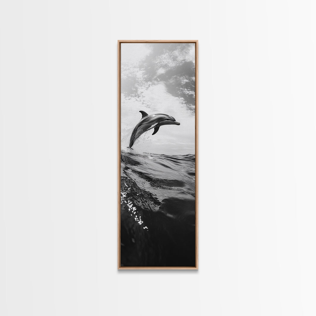 Dolphin Ocean Jump, Black and White Sea Life Print, Coastal Marine Wall Art, Canvas Print, Beach House Decor, Nature Photography