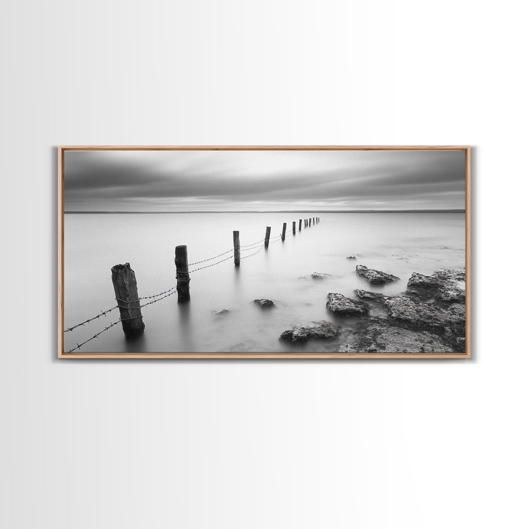 Coastal Fence Line, Tranquil Ocean Scene, Soft Minimalist Photo, Framed Canvas Print, Bathroom or Hallway Wall Art, Zen Vibes