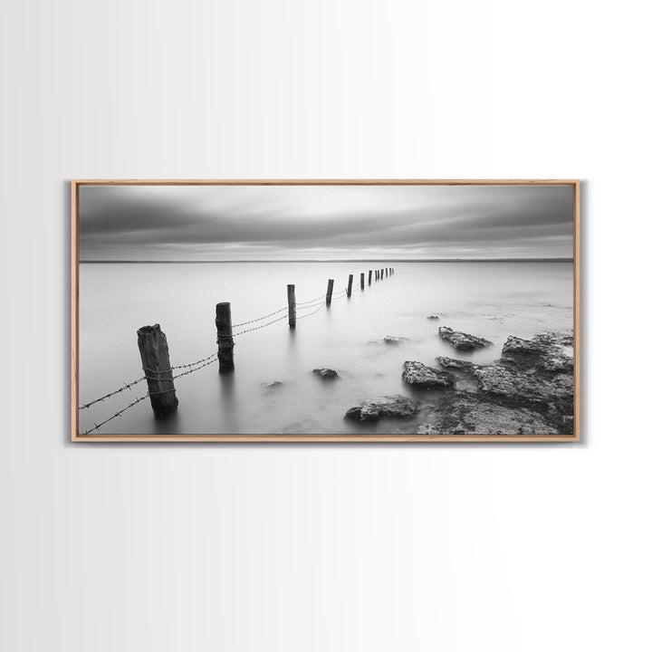 Coastal Fence Line, Tranquil Ocean Scene, Soft Minimalist Photo, Framed Canvas Print, Bathroom or Hallway Wall Art, Zen Vibes
