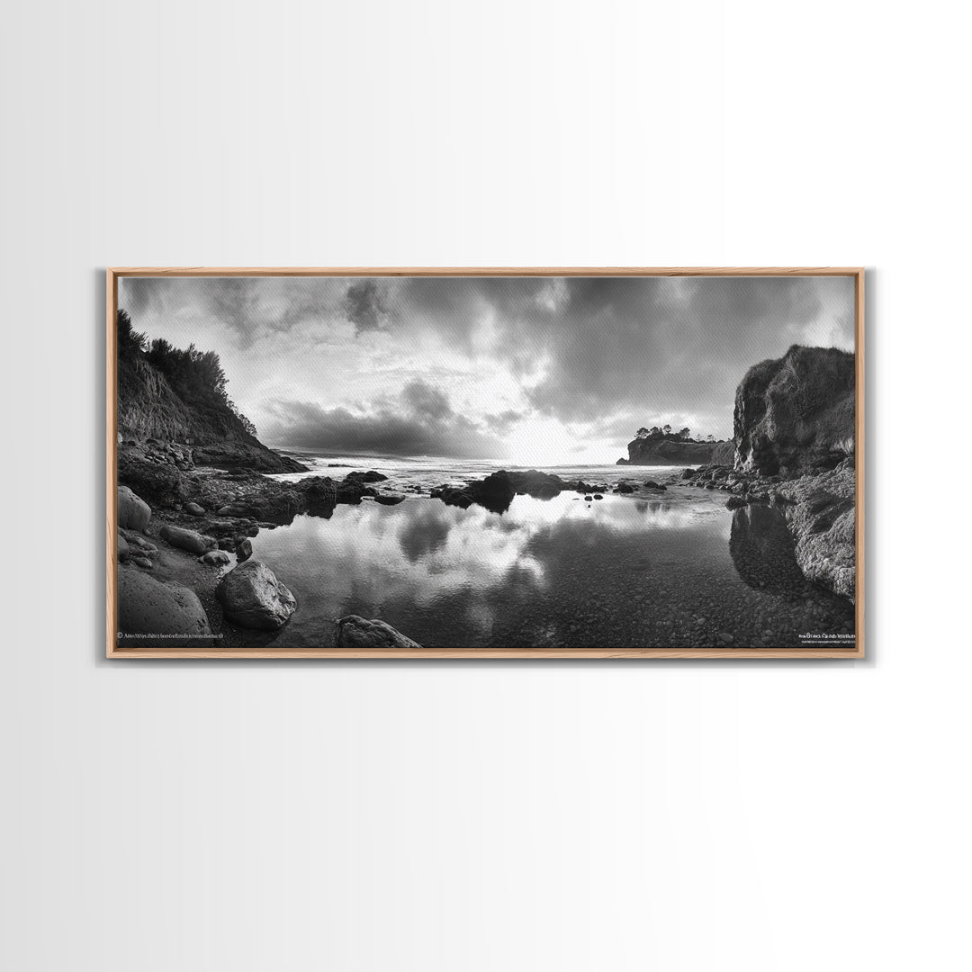 Coastal Reflection, Tide Pools, Dramatic Sky, Ocean Cliff Landscape, Framed Canvas Print, Bedroom Nature Photography Art