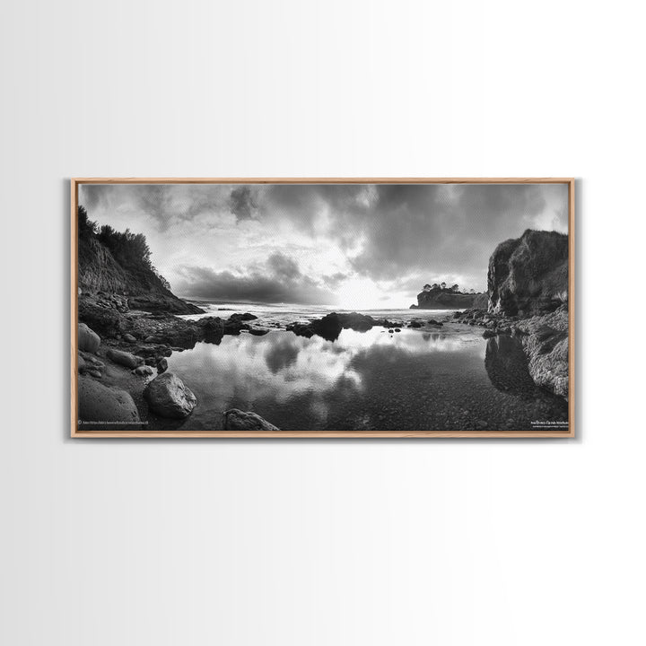 Coastal Reflection, Tide Pools, Dramatic Sky, Ocean Cliff Landscape, Framed Canvas Print, Bedroom Nature Photography Art