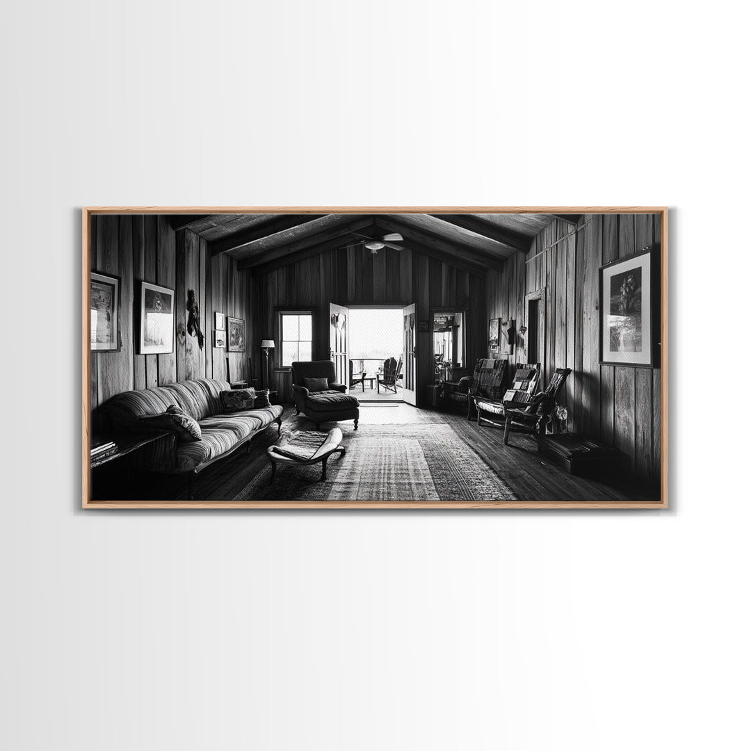 Cozy Cabin Interior, Rustic Living Space, Wood Wall Charm, Canvas Print, Country Living Room Art, Americana Wall Photography