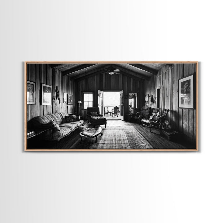 Cozy Cabin Interior, Rustic Living Space, Wood Wall Charm, Canvas Print, Country Living Room Art, Americana Wall Photography