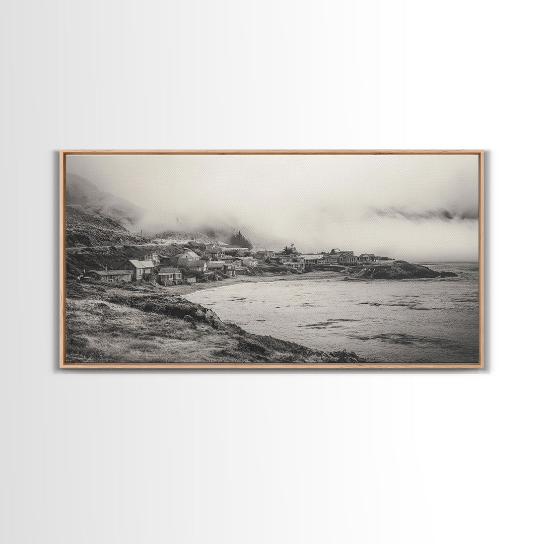 Coastal Fog Village, Misty Ocean Cliff Scene, Black and White Landscape, Canvas Print, Bedroom Wall Art, Rustic Coastal Decor