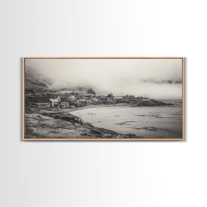 Coastal Fog Village, Misty Ocean Cliff Scene, Black and White Landscape, Canvas Print, Bedroom Wall Art, Rustic Coastal Decor