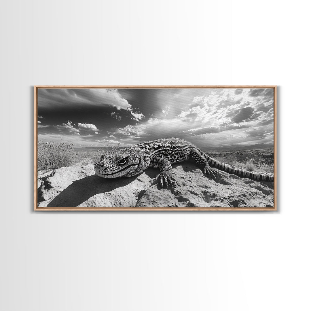 Desert Lizard Close-Up, Reptile Wildlife Photography, Dramatic Sky Scene, Canvas Print, Living Room Wall Art, Nature Decor