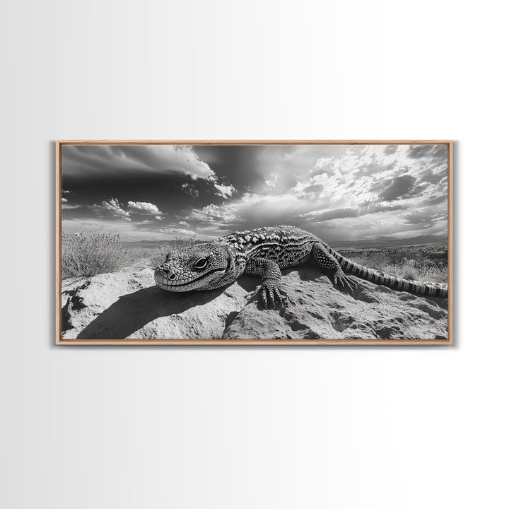 Desert Lizard Close-Up, Reptile Wildlife Photography, Dramatic Sky Scene, Canvas Print, Living Room Wall Art, Nature Decor
