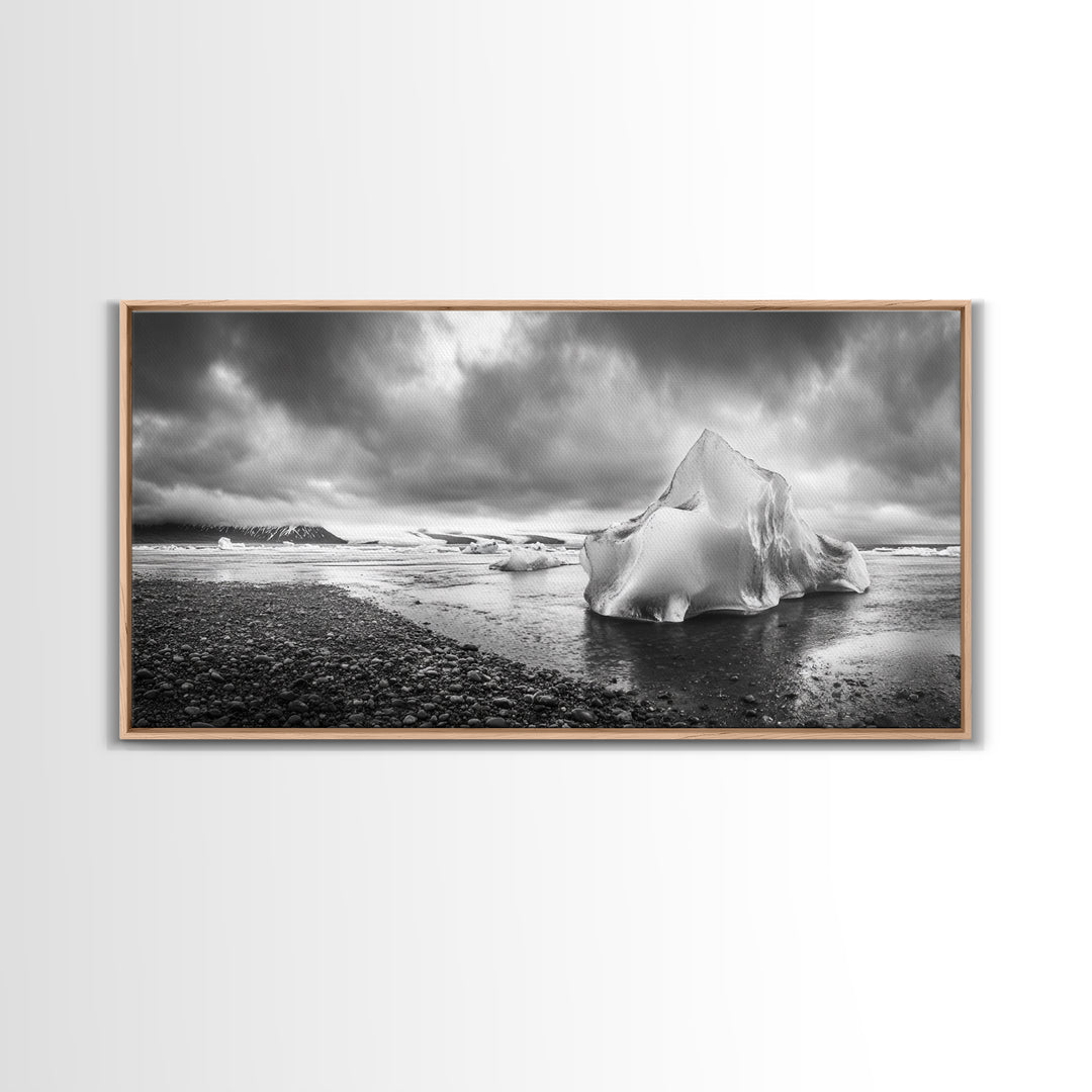 Arctic Iceberg Shore, Moody Cloud Sky, Frozen Water Landscape, Framed Canvas Print, Office Wall Art, Nordic Minimalist Art