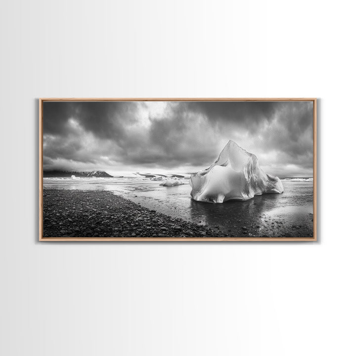 Arctic Iceberg Shore, Moody Cloud Sky, Frozen Water Landscape, Framed Canvas Print, Office Wall Art, Nordic Minimalist Art