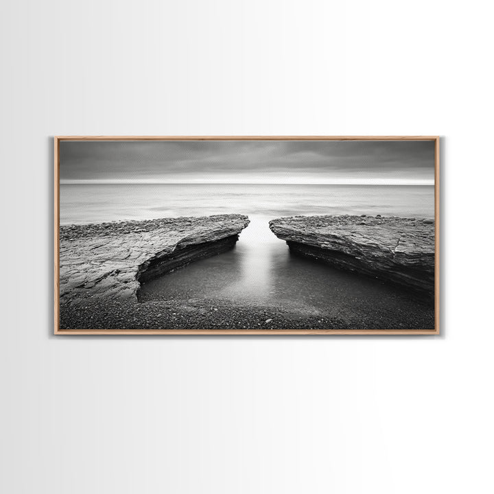 Ocean Rock Split, Calm Seascape Horizon, Monochrome Photography, Canvas Print, Bathroom Wall Art, Zen Coastal Aesthetic, Office Wall Art