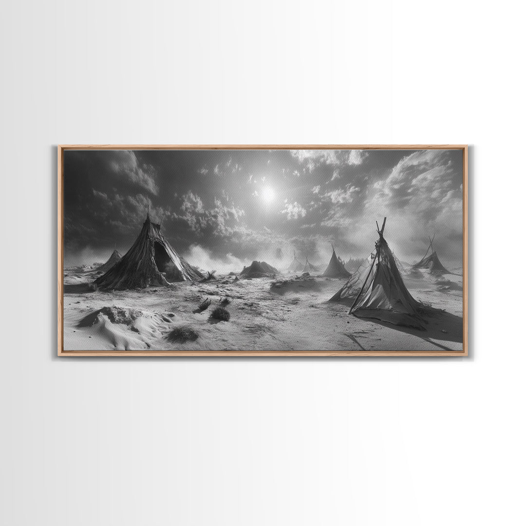 Desert Tent Scene, Surreal Tribal Landscape, Stormy Sky Tents, Canvas Print, Living Room Wall Art, Boho Nomad Aesthetic, Living Room Wall Art