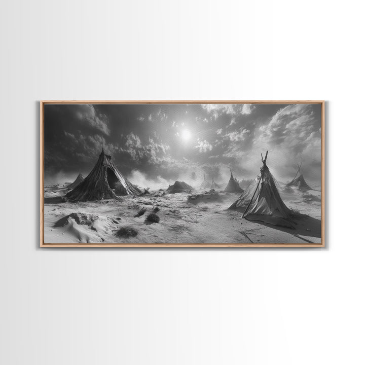 Desert Tent Scene, Surreal Tribal Landscape, Stormy Sky Tents, Canvas Print, Living Room Wall Art, Boho Nomad Aesthetic, Living Room Wall Art