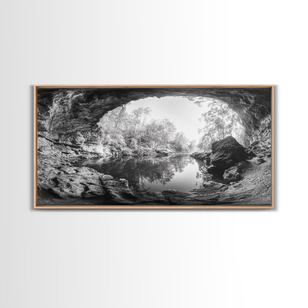 Cave Entrance Lake, Hidden Forest View, Rock Reflection Water, Canvas Print, Hallway Wall Art, Adventure Wilderness Decor, Minimalist Style