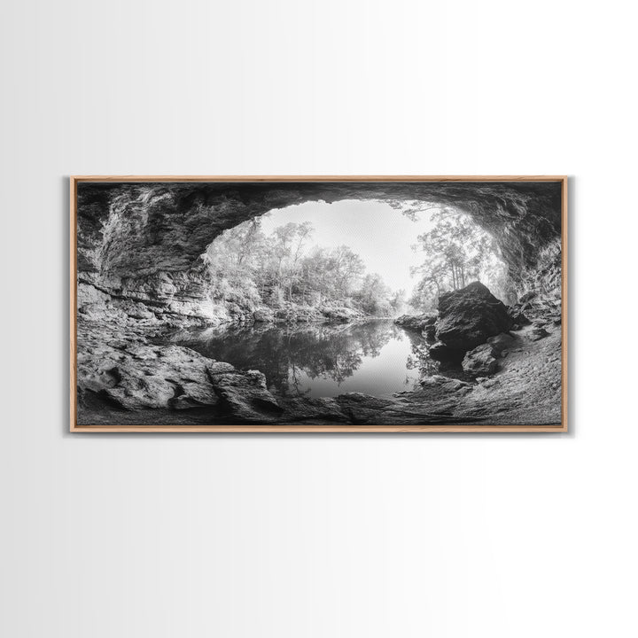 Cave Entrance Lake, Hidden Forest View, Rock Reflection Water, Canvas Print, Hallway Wall Art, Adventure Wilderness Decor, Minimalist Style