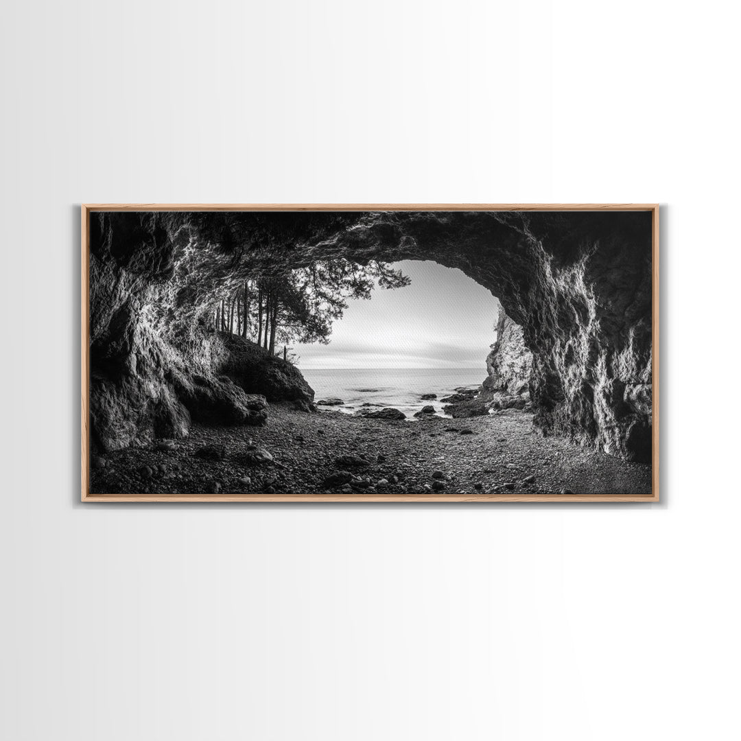 Ocean Cave Opening, Rugged Shoreline Exit, Dramatic Coastal Rock, Canvas Print, Entryway Wall Art, Moody Nautical Decor, Farmhouse Entryway