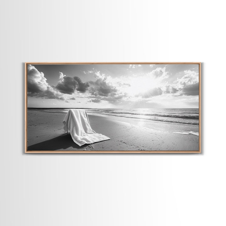 Beach Towel, Serene Shoreline, Peaceful Coastal Scene, Framed Canvas Print, Spa Bathroom Decor, Minimalist Beach Photography