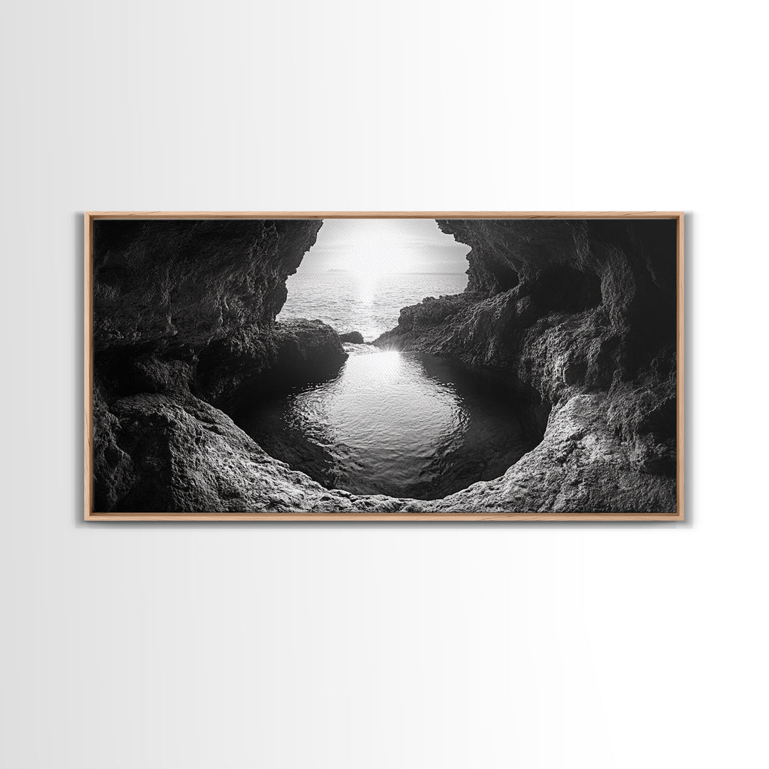 Ocean Cave Sunset, Seascape Art, Black and White Photography, Coastal Decor, Minimalist Style, Canvas Print, Bathroom Wall Art