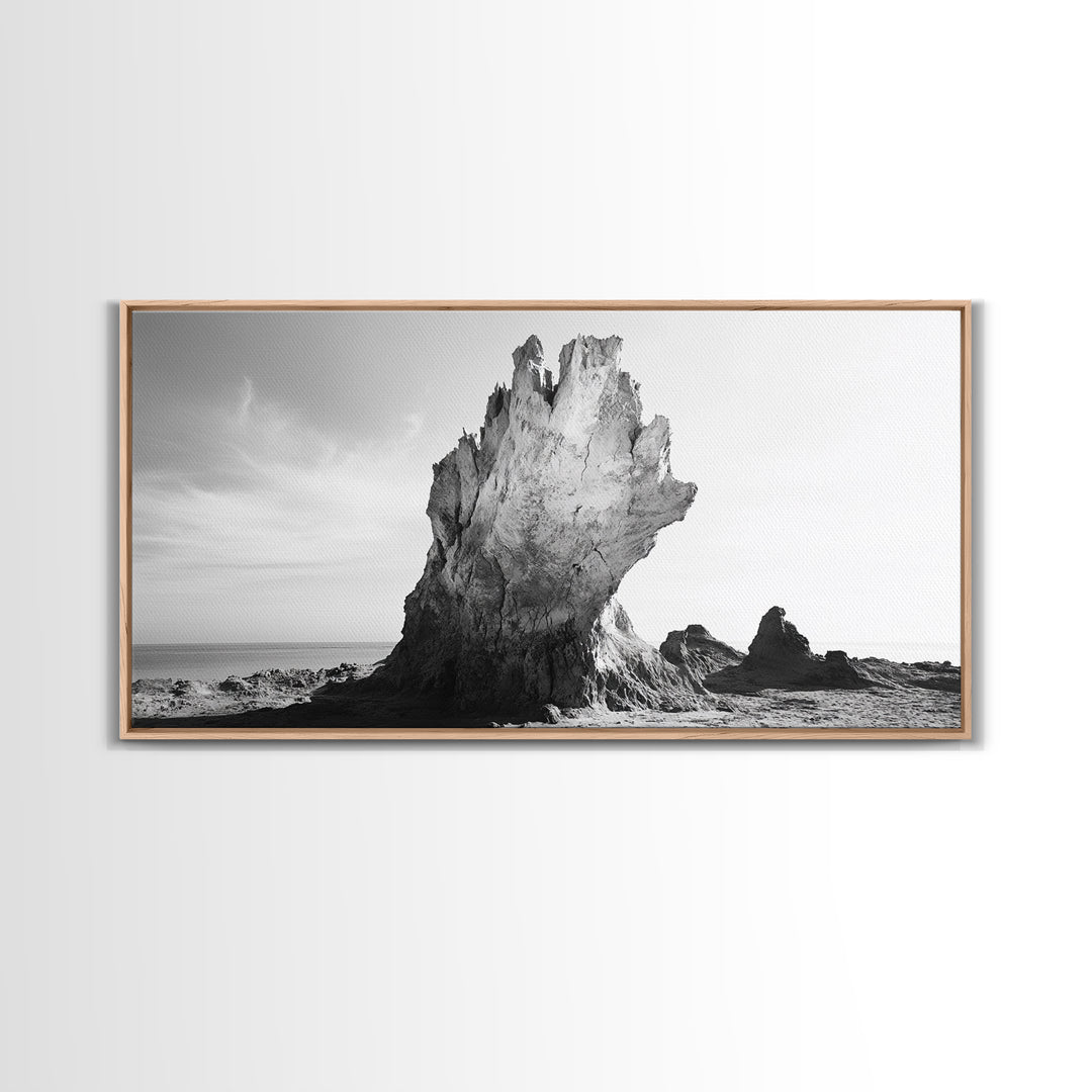 Desert Rock Tower, Surreal Landscape, Modern Nature Art, Canvas Print, Black and White Office Decor, Minimalist Style Piece, Bedroom Wall Art