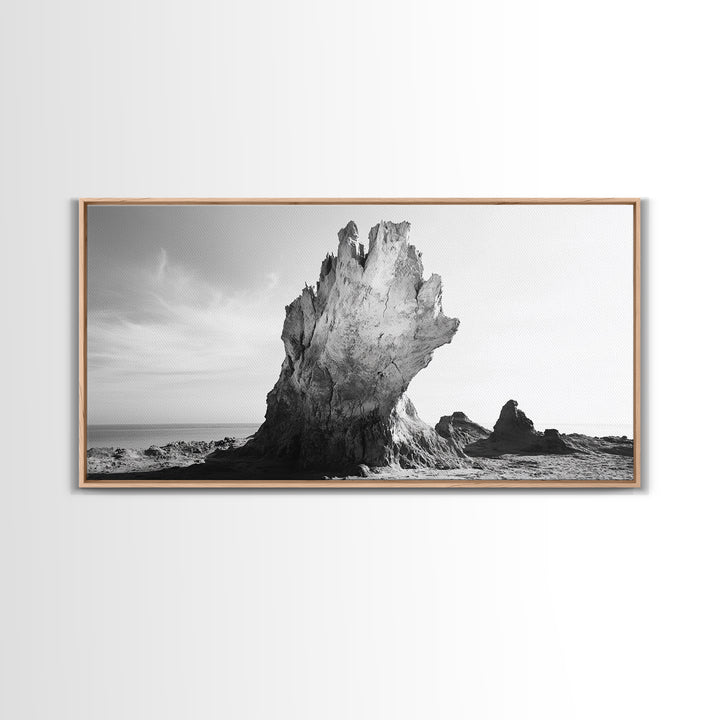 Desert Rock Tower, Surreal Landscape, Modern Nature Art, Canvas Print, Black and White Office Decor, Minimalist Style Piece, Bedroom Wall Art