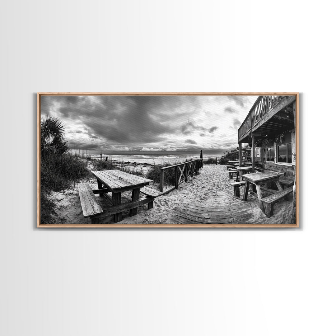 Beach Boardwalk, Coastal Restaurant, Moody Seaside View, Framed Canvas Print, Kitchen or Bar Wall Art, Rustic Autumn Decor