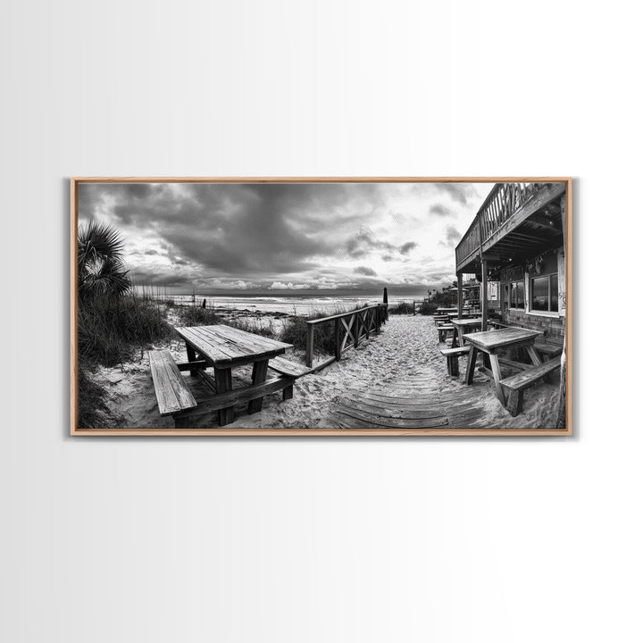Beach Boardwalk, Coastal Restaurant, Moody Seaside View, Framed Canvas Print, Kitchen or Bar Wall Art, Rustic Autumn Decor