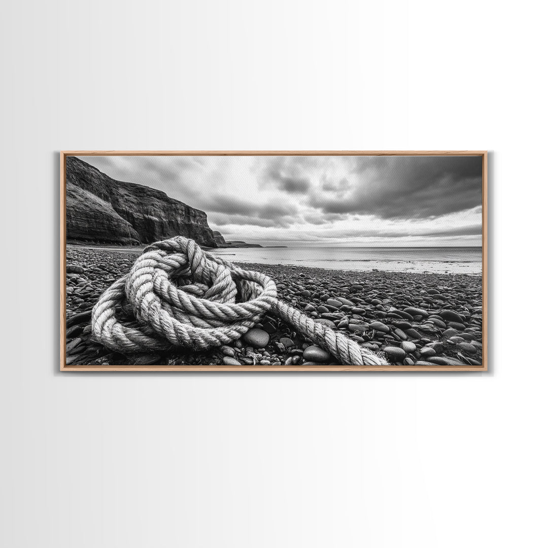 Coastal Rope, Pebble Shore, Nautical Texture, Rugged Seascape, Canvas Print, Bathroom Wall Art, Beach House Style, Moody Ocean Decor