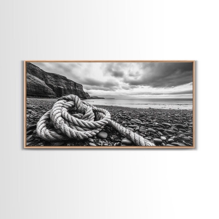 Coastal Rope, Pebble Shore, Nautical Texture, Rugged Seascape, Canvas Print, Bathroom Wall Art, Beach House Style, Moody Ocean Decor