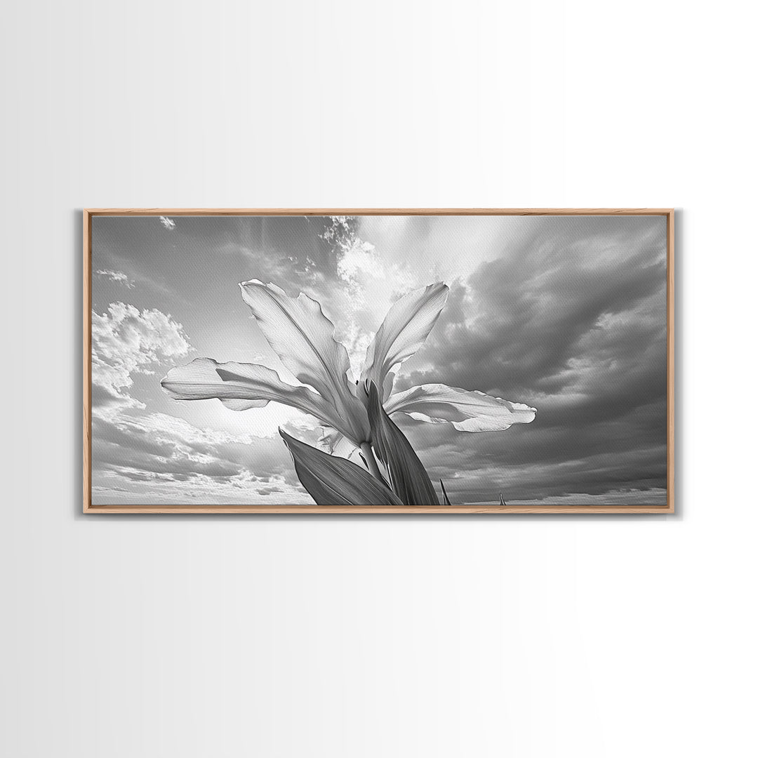 Blooming Iris, Floral Sky, Dreamy Nature, Petal Light, Framed Canvas Print, Modern Bedroom Art, Feminine Wall Art, Botanical Home Decor