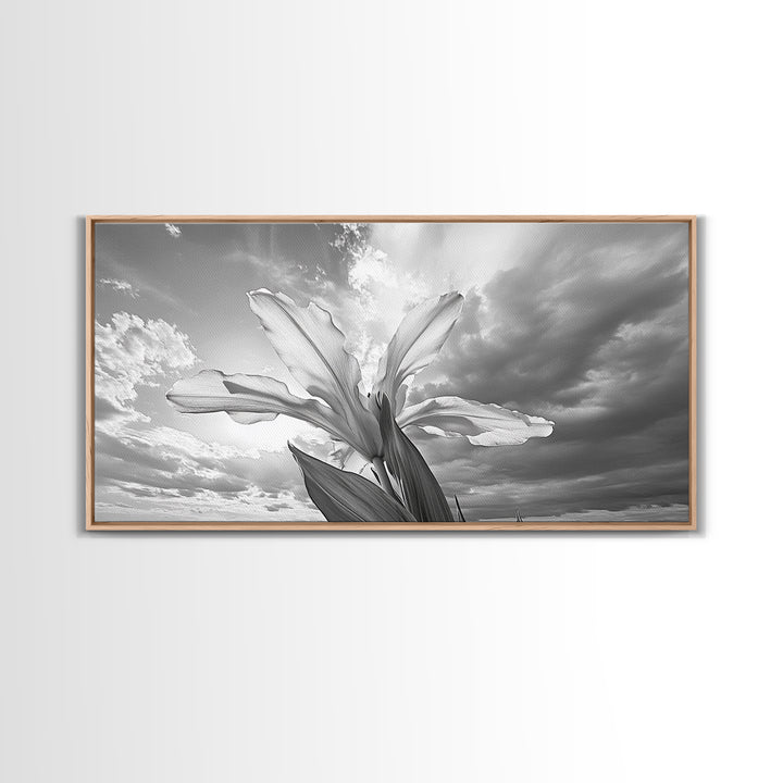 Blooming Iris, Floral Sky, Dreamy Nature, Petal Light, Framed Canvas Print, Modern Bedroom Art, Feminine Wall Art, Botanical Home Decor