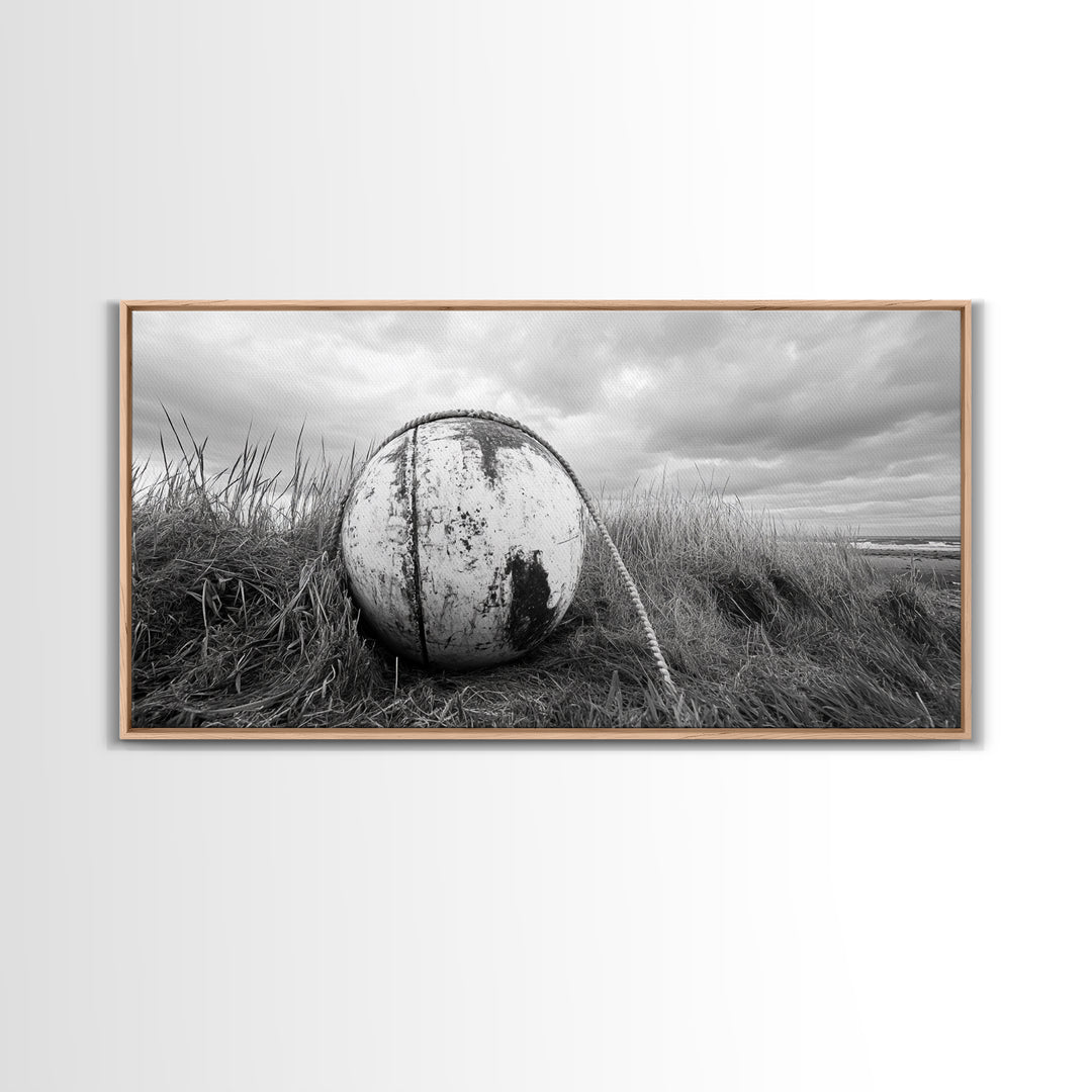 Coastal Buoy, Nautical Sphere, Fishing Rope, Beach Grass, Framed Canvas Print, Coastal Bathroom Art, Seaside Wall Decor, Rustic Style