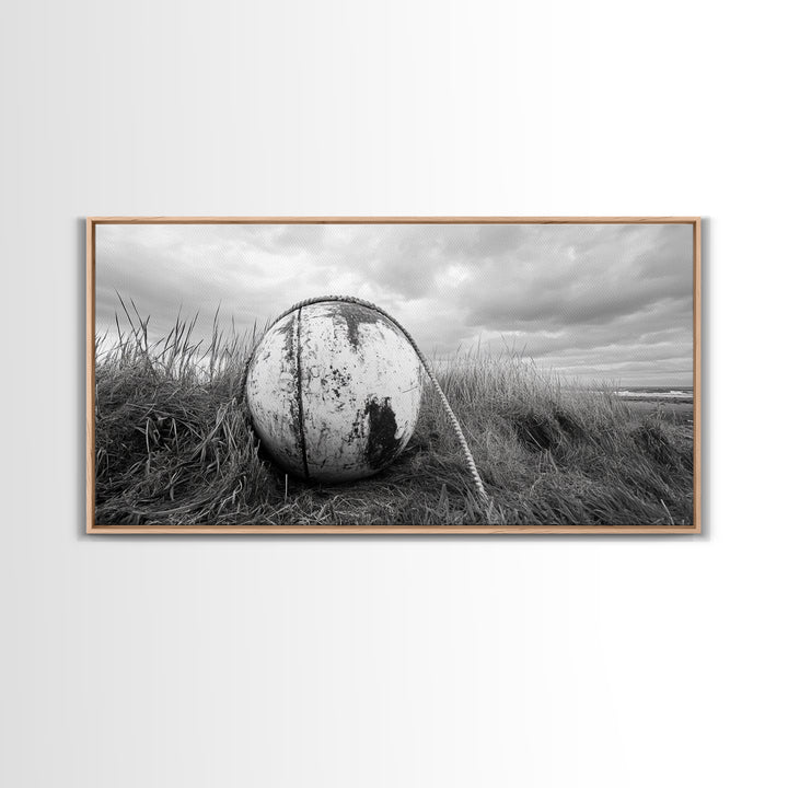 Coastal Buoy, Nautical Sphere, Fishing Rope, Beach Grass, Framed Canvas Print, Coastal Bathroom Art, Seaside Wall Decor, Rustic Style