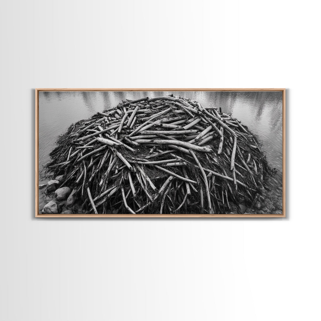Beaver Lodge, Natural Structure, Earthy River Habitat, Framed Canvas Print, Cabin Wall Art, Nature-Inspired Rustic Fall Decor