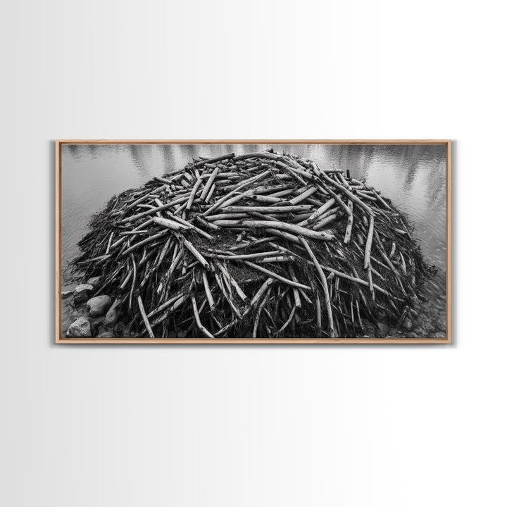 Beaver Lodge, Natural Structure, Earthy River Habitat, Framed Canvas Print, Cabin Wall Art, Nature-Inspired Rustic Fall Decor