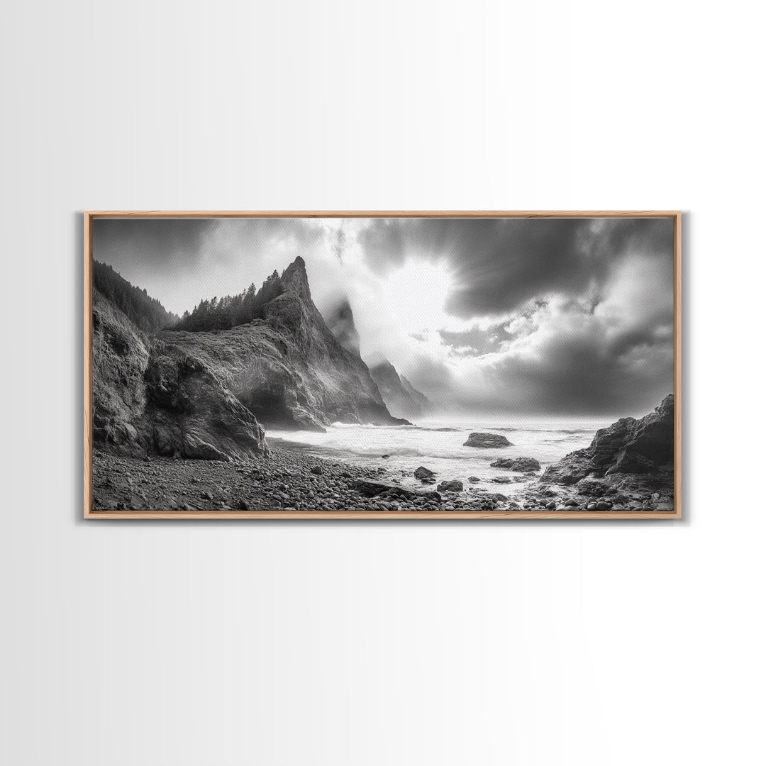 Coastal Cliffside, Stormy Sea, Dramatic Sky, Ocean Mood, Framed Canvas Print, Monochrome Art, Living Room Beach House Decor