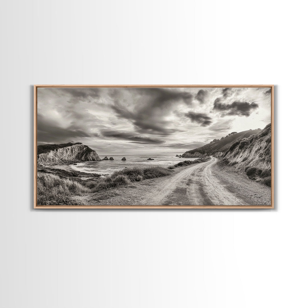 Coastal Road, Scenic Journey, Ocean Path, Cloudy Sky, Framed Canvas Print, Rustic Wall Art, Entryway Wanderlust Landscape, Coastal House