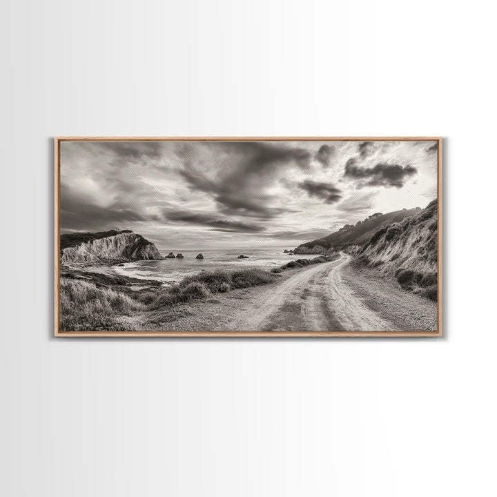 Coastal Road, Scenic Journey, Ocean Path, Cloudy Sky, Framed Canvas Print, Rustic Wall Art, Entryway Wanderlust Landscape, Coastal House