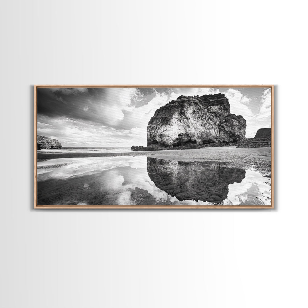 Beach Reflection, Seaside Rock, Cloudy Horizon, Coastal View, Framed Canvas Print, Minimalist Wall Art, Bathroom Ocean Decor